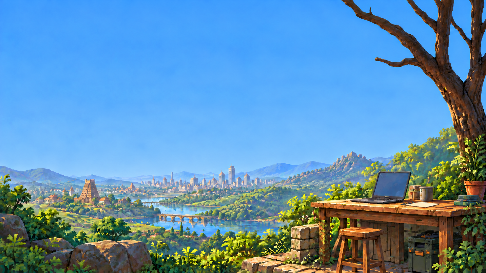 My old 3D workshop homepage: a pixel-art desk with a laptop under a tree, overlooking a river city